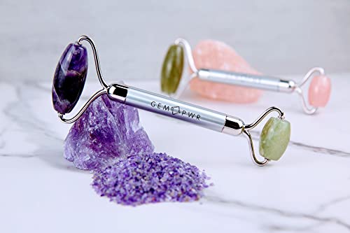 Amethyst + Jade Roller for Face and Neck Massage - Dual Gemstones, Travel Bag