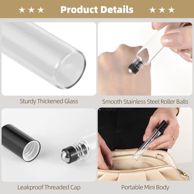 100 PCS Essential Oil Roller Bottles - Oil Perfume Leak Proof 10ml Glass Roller Empty Bottles with Stainless Steel Balls and 5 Funnels for Travel Business