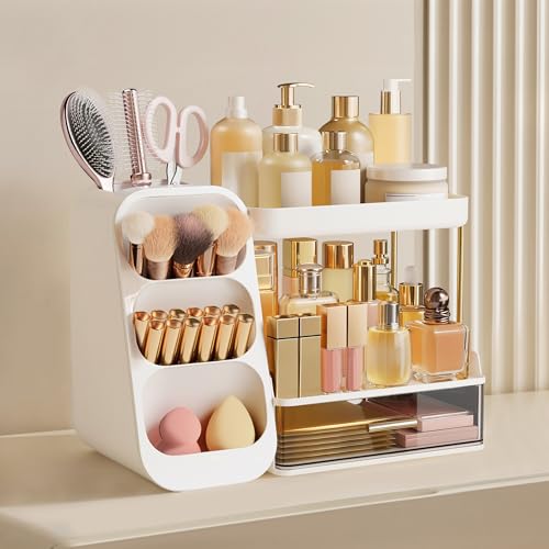 White 3-Tier Bathroom Organizer with Brush Holder for Vanity & Counter - HBlife