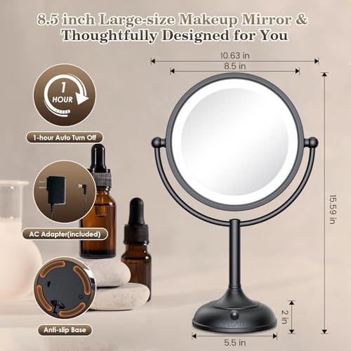 8.5-Inch Lighted Makeup Mirror with 10X Magnification, Dimmable LED Lights, Black Nickel Finish, 360° Rotation