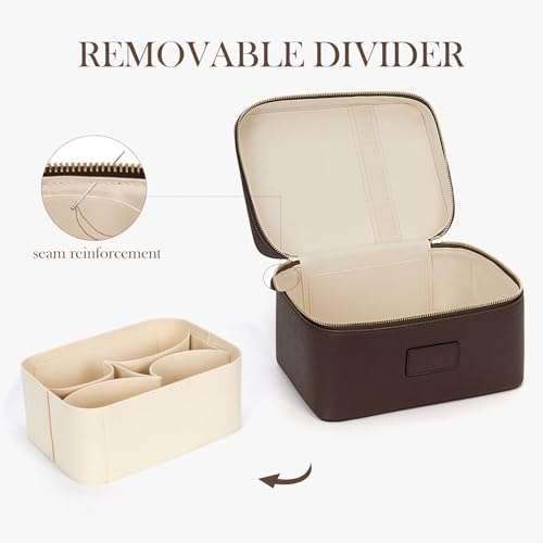 HiTotes Large Waterproof Leather Makeup Bag with Removable Divider - Coffee