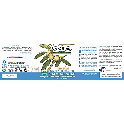 VERMONT SOAP Organic Unscented Foaming Hand Soap - Natural Moisturizing Soap for Dry Skin - Fragrance Free Liquid Bathroom Hand Soap - Simply Unscented - 64 oz