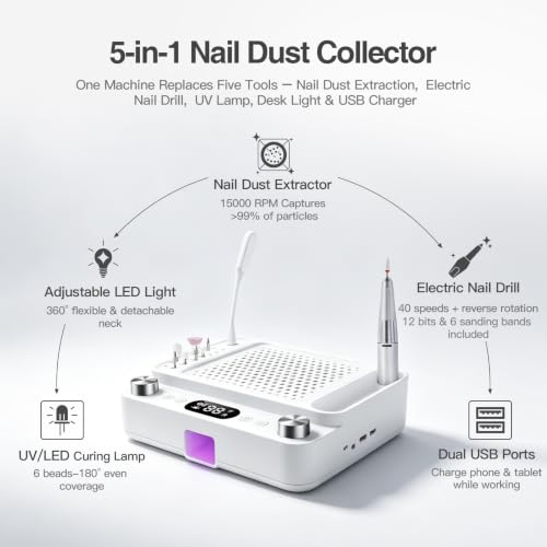 5-in-1 Nail Dust Collector Drill UV LED Light Station with USB Charger