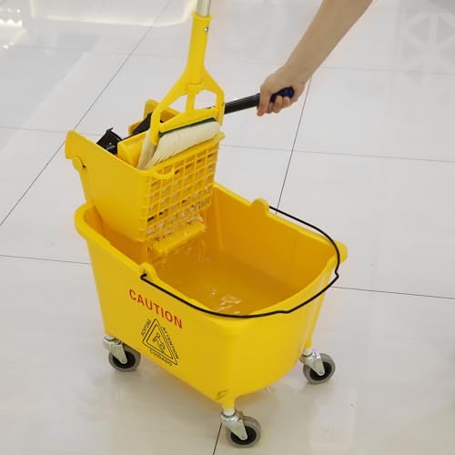 Commercial Mop Bucket with Side Press Wringer on Wheels - 35 Qt Heavy-Duty Floor Cleaning