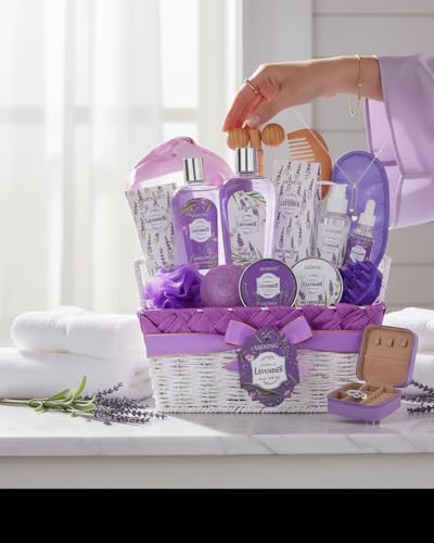 Lavender & Jasmine Spa Gift Basket for Women - 19 Pcs Skin Care & Relaxation Set - Holiday & Birthday Gift