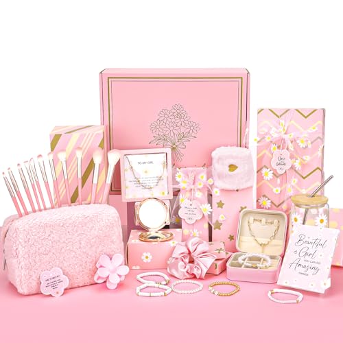 9 PCS Trendy Stuff Gifts for Tween & Teen Girls, Valentine's Day Gift Box makeup kit & makeup set, Birthday Gifts for Granddaughter Daughter Niece Ages 8-16, with Empowering Tasks