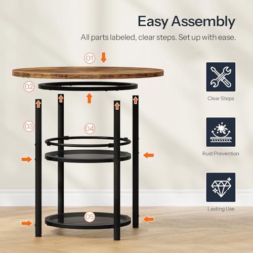 Round Dining Table for 2 with Two-Tier Storage - Rustic Brown & Black, 31.5" Kitchen Table for Small Spaces