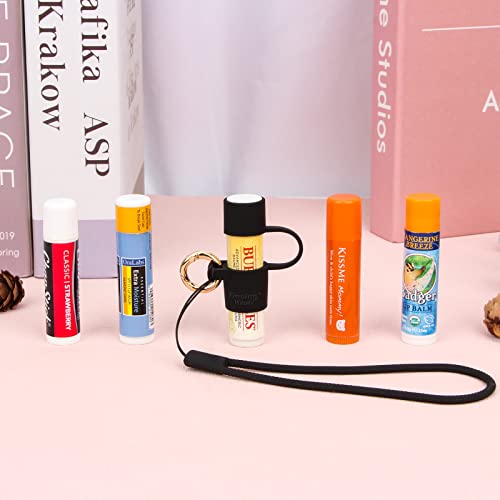 Desing Wish 2 PCS Silicone Chapstick Holder with Cap Cover, 0.6'' Diameter Portable Lip Balm Holder Key Chain Sleeve Chapstick Keychain Holder with Wrist Strap Lanyard - Black