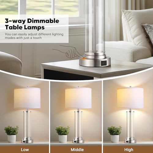 Glass Table Lamps Set of 2 - Modern Silver Dimmable Bedside Lamps with USB Ports