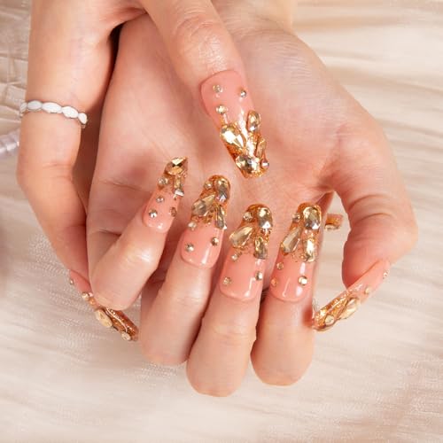 Press On Nails Stardust Gold Rhinestone - Reusable Full Cover Coffin Nails - Handmade 1.3 in - M Variation