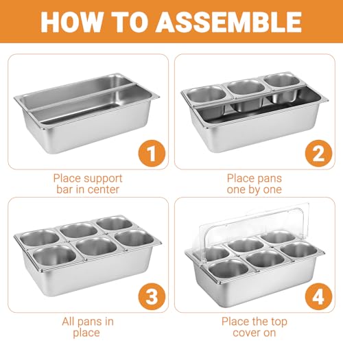 Stainless Steel Food Serving Display Tray with Clear Lid for Buffets & Catering - 6 Pan Set