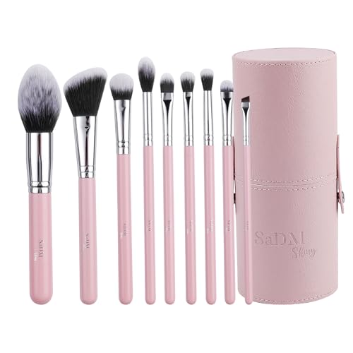 Makeup Brush Set (9 Pieces) - Includes Foundation, Powder, Concealers, Highlighter, Contour, Eye Shadows & Blush Brushes - Face & Eye Make Up Brushes with Synthetic Bristles - Leather Case Included
