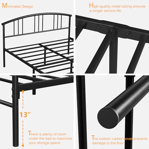Black Queen Metal Bed Frame with Headboard & Footboard, 14 Inch Platform Support