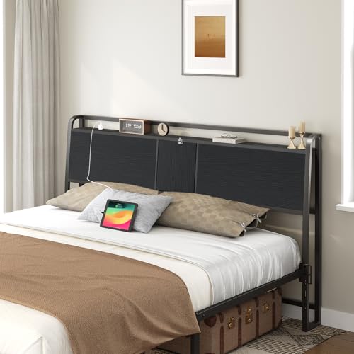 MAHANCRIS Queen Size Headboard with Storage, Dual Power Sockets & Flip Door