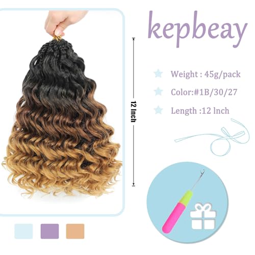 Pre-Looped Ocean Wave Crochet Braids Water Wave Hair Short Curly Synthetic 12 Inch - #1B/30/27, Pack of 8