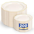 Ivory Plastic Plates with Gold Rim - 200pcs Disposable Dinner & Dessert Plates - Variation of Ivory / 200