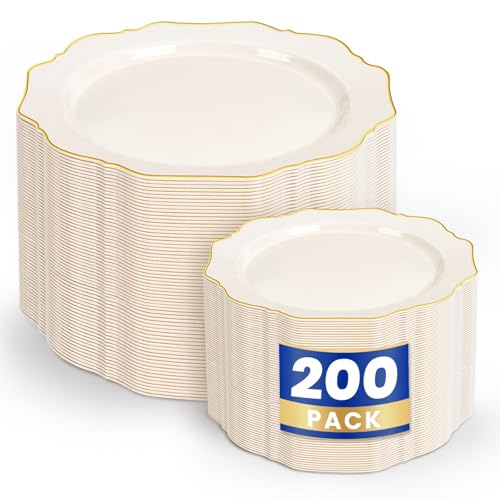 Ivory Plastic Plates with Gold Rim - 200pcs Disposable Dinner & Dessert Plates - Variation of Ivory / 200