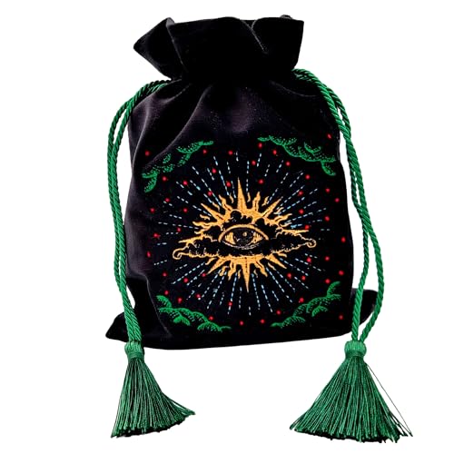Black Velvet Pouch for Tarot Decks, Oracle Cards and Crystals, Embroidered Mystical Makeup Bag, Soft Velvet Cosmetic Pouch, Travel Organizer Storage Bag with Tassel