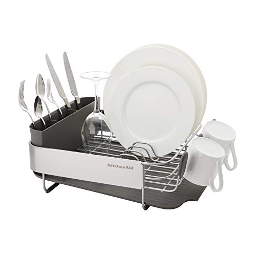 KitchenAid Compact Gray Dish Rack - Space Saving Rust-Resistant with Drain Board & Flatware Caddy - 16.06-Inch