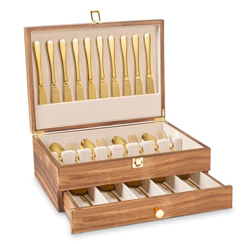 Carbonized Black Wooden Silverware Storage Box 2-Layer Flatware Case with Drawer