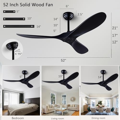 52-Inch Ceiling Fan with Remote - Reversible, Quiet, No Lights, Black