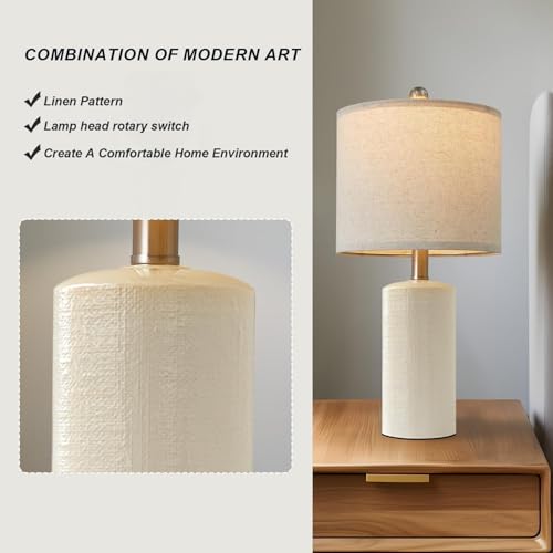 Ceramic Table Lamps Set of 2 - Small Farmhouse Bedside Lamps with Linen Shades - Lime White Variation