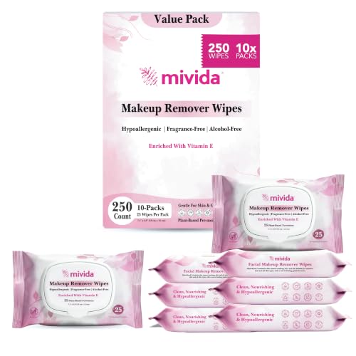 Mivida Hypoallergenic Makeup Remover Wipes with Vitamin E - Travel Pack 10 x 25 Wipes, 250 Count