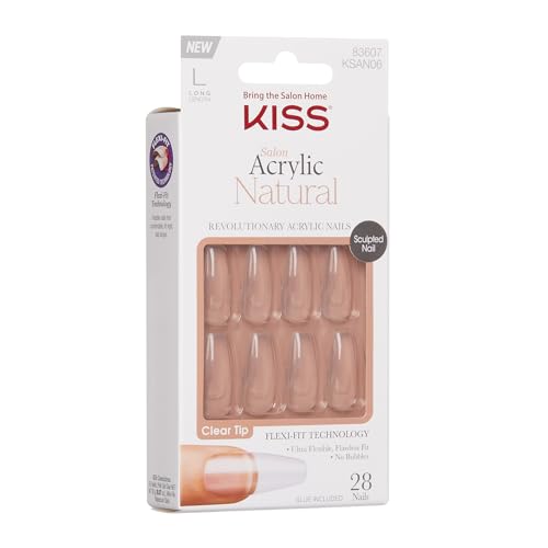 KISS Salon Acrylic Natural Nails, Clear Tip, Long, Ultra-Smooth Finish, DIY At-Home Manicure Kit with Pink Gel Nail Glue, Mini File, Manicure Stick, and 28 Nails in 14 sizes