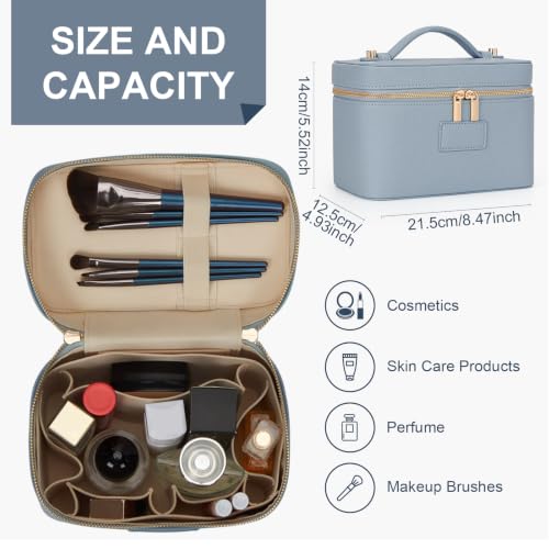 Blue Waterproof Leather Makeup Bag Vanity Case with Removable Divider