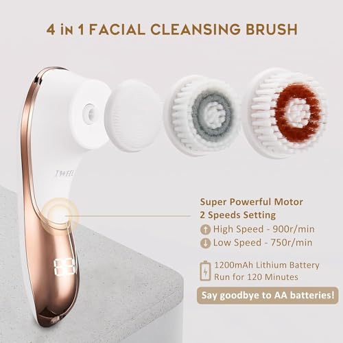 Electric Face Brush Scrubber Rechargeable Facial Exfoliator IPX-7 Waterproof Spin Cleanser Rotating Spa Machine for Exfoliating, Massaging and Deep Cleansing with 4 Brush Heads