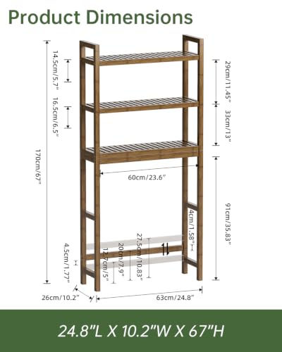 Bamboo Over-the-Toilet Bathroom Storage Shelf with Adjustable 3-Tier Shelves - Walnut, 24.8x10.2x67 in