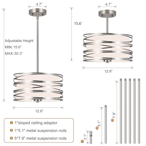 ACNKTZ 12.6'' Brushed Nickel Drum Pendant Light - 3-Light Hanging Chandelier for Kitchen & Dining