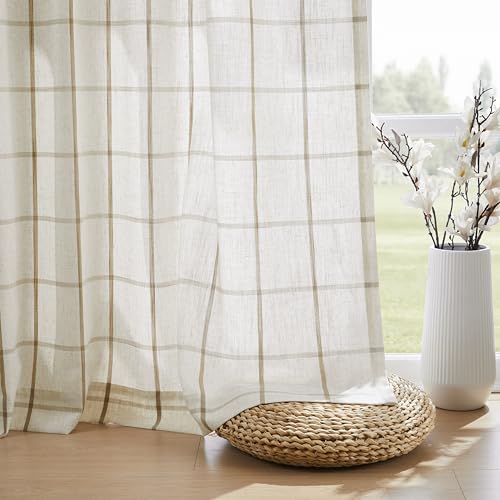 Vision Home Flax Linen 60x95 Inch Plaid Pinch Pleated Semi Sheer Curtains Pack of 2