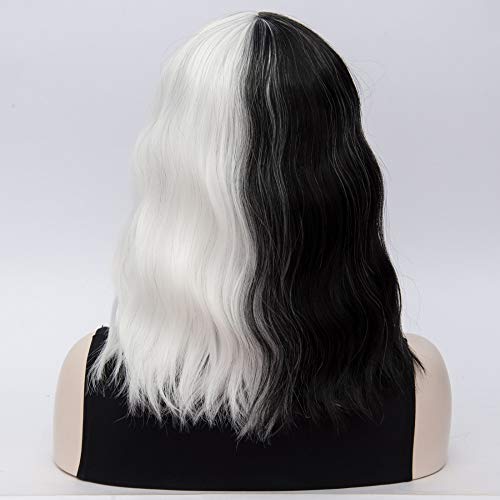 Short Wavy Shoulder Length Women's Heat Resistant Wig with Full Bang - Black and White Variation