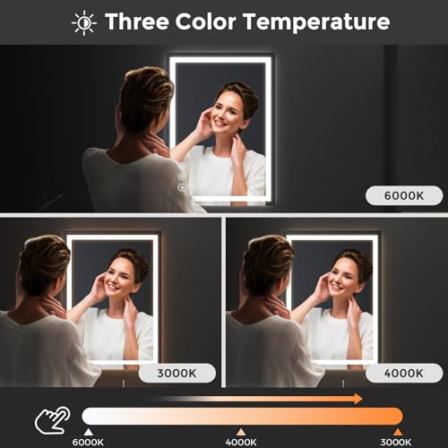 Koonmi 28x20 LED Bathroom Mirror with 3 Light Colors, Anti-Fog, Dimmable