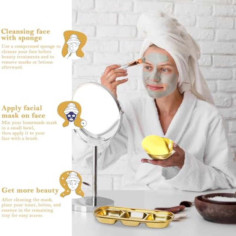 23 Pcs Esthetician Supplies 3 Stainless Steel Gold Mixing Bowls Gold Small Serving Tray 3 Compartment Serving Tray 3 Facial Fan Brushes 3 Face Mask Applicator Brush 12 Facial Sponge Compressed Round