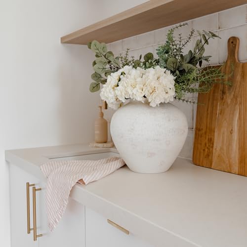 White Large Round Vase for Flowers - 11 Inch Rustic Textured Modern Farmhouse Decor