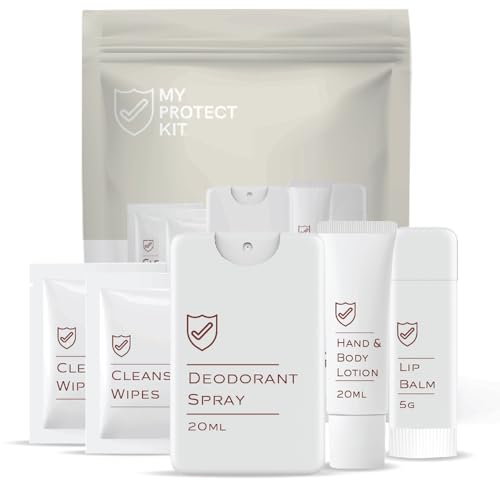 8-Piece TSA-Approved Travel Toiletries Essential Kit | Personal Hygiene Kit with Deodorant, Lotion, Lip Balm & Face Wipes | Travel Size for Airplane, Gym, Hotel, Airbnb, Camping- My Protect Kit