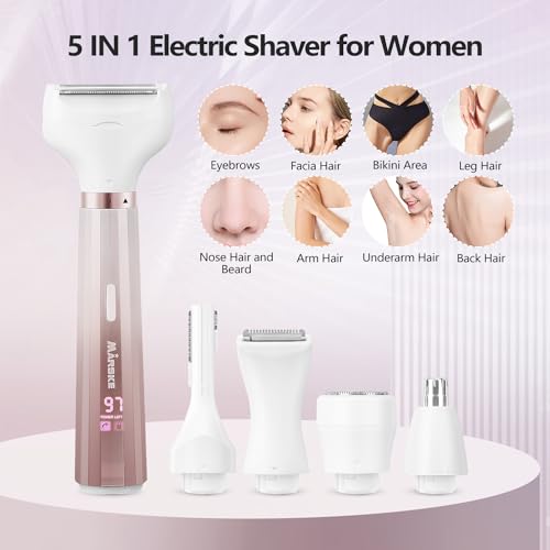 HaetFire Women's 5-in-1 Electric Shaver with Gold Trim, Waterproof Bikini & Face Trimmer