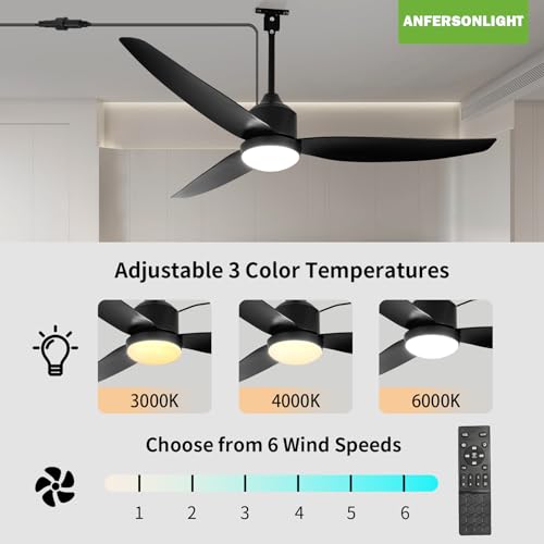 Outdoor Ceiling Fan with Light 52 Inch Black IP65 Waterproof Reversible DC Motor
