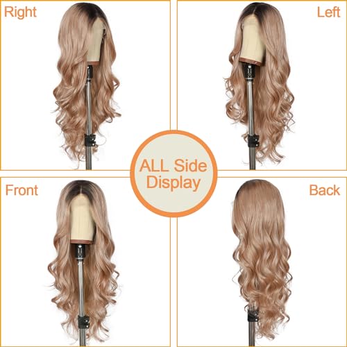 Pink Lace Front Wig for Women - Long Body Wave Ombre Khaki Pink, 26 Inches, Glueless Synthetic Hair