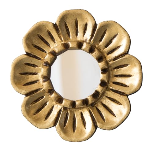 Peruvian Gilded Bronze Leaf Round Mirror 6¡±- Luxury Hand-Carved Wood Flower Wall Art - Small Space Art