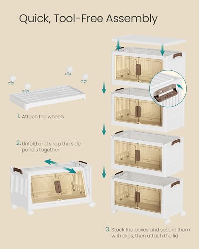 SONGMICS 48QT Stackable Storage Bins with Lid - White, 4-Tier Foldable Organizer