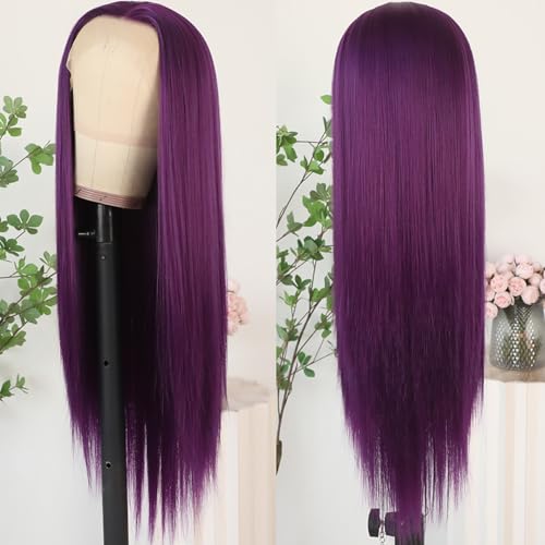 Lezaxiu Dark Purple Lace Front Wigs Long Straight Glueless Synthetic Heat-Resistant for Black Women - Pre Plucked, Ready to Wear, Natural Hairline, Variation #ADark Purple