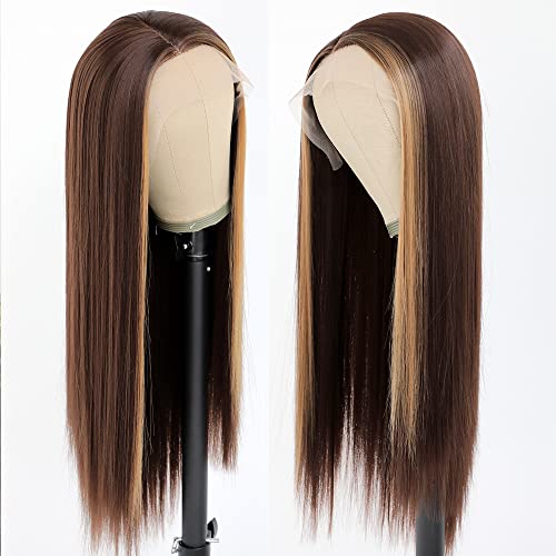 Brown Hair Color Lace Front Wig 24 Inch Long Straight Hair with Honey Blonde Highlights - Variation F27P