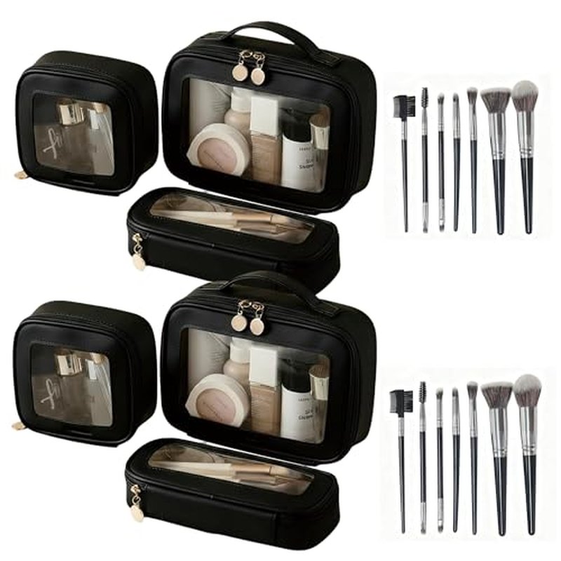2 Complete Sets of 3-Size Makeup Bags | Premium Transparent & Waterproof Cosmetic Organizer Storage Bag | Travel Toiletry & Skincare Storage Set (Black, L+M+S+MakeupBrushes)