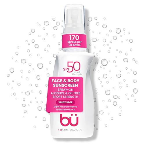 bü SPF 50 Sunscreen Spray for Face & Body, White Sage, 1 oz (3 Pack) – Water-Resistant, Non-Greasy, Travel Size