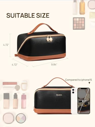 Travel Makeup Bag Large Capacity Waterproof Leather Organizer with Handle - Black & Brown Variation