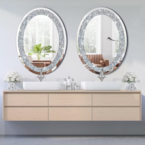 DMDFIRST 32x24 Inch Frameless Oval Crystal Bling Mirror Wall Decor - Silver