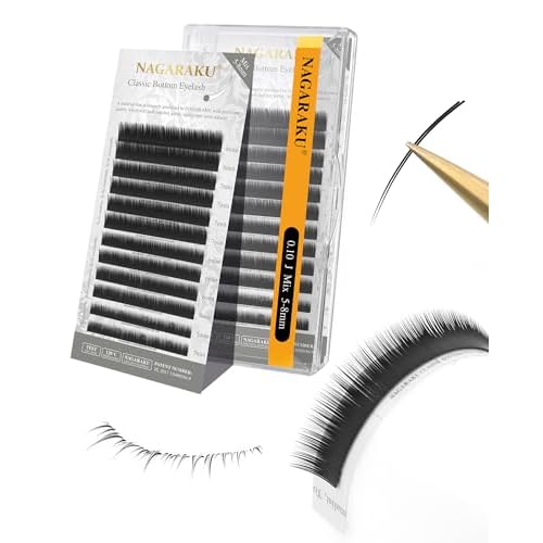 NAGARAKU Eyelash Extensions Classic J B C D N LC LD L DD CC LB Curl 0.03-0.20 Thickness 5-17mm, Matte Black Individual Lashes Professional Supplies for Lash Techs (0.10-J 5-8mm Mix Bottom Lashes)